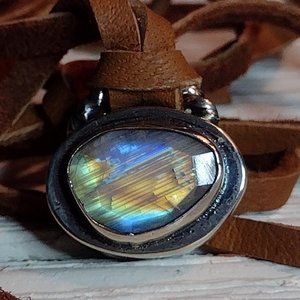 Sterling Silver Rainbow Moonstone charm necklace